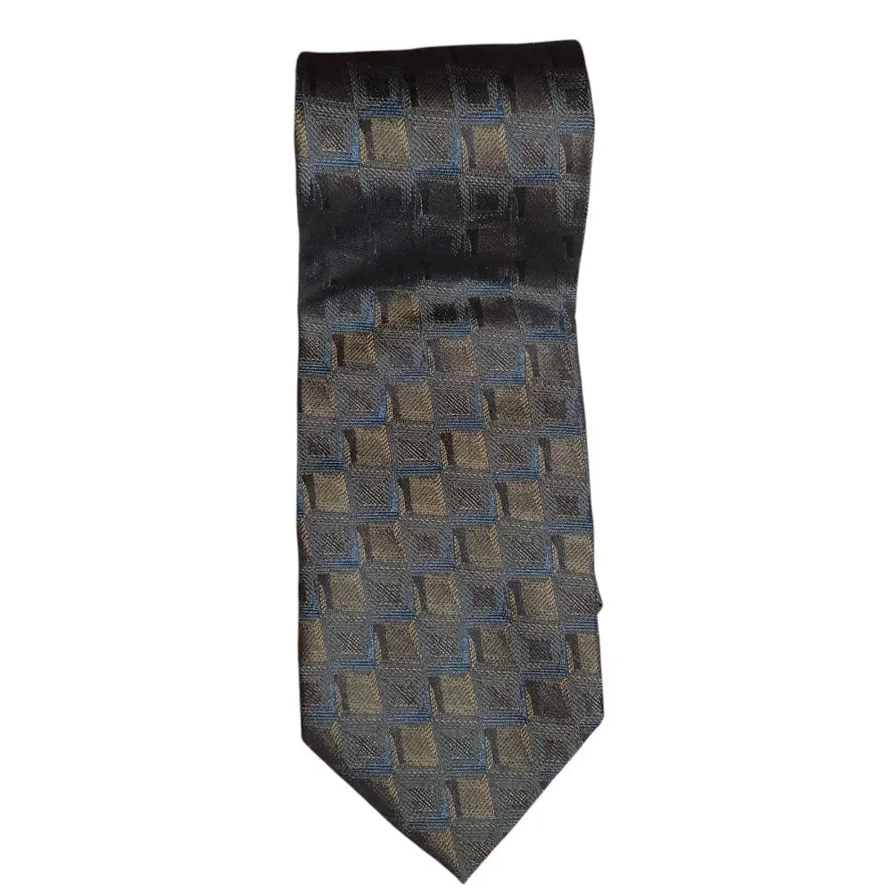 Jhane Barnes Brown & Blue Square‎ Print Original Fabric Necktie 58